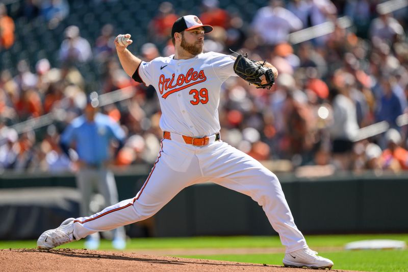 Sep 8, 2024; Baltimore, Maryland, USA; Baltimore Orioles pitcher Corbin Burnes (39) throws a pitch during the first inning against the Tampa Bay Rays at Oriole Park at Camden Yards. Mandatory Credit: Reggie Hildred-Imagn Images