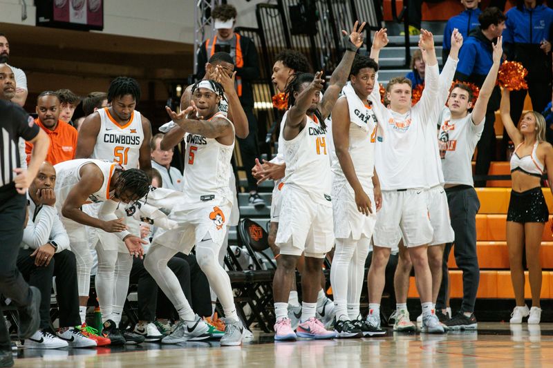 Dec 20, 2023; Stillwater, Oklahoma, USA; Oklahoma State Cowboys bench reacts after a play during the second half against the Wofford Terriers at Gallagher-Iba Arena. Mandatory Credit: William Purnell-USA TODAY Sports