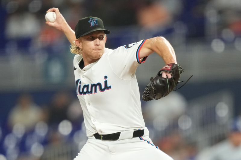 Sep 17, 2024; Miami, Florida, USA;  Miami Marlins starting pitcher Darren McCaughan (68) pitches against the Los Angeles Dodgers in the first inning at loanDepot Park. Mandatory Credit: Jim Rassol-Imagn Images