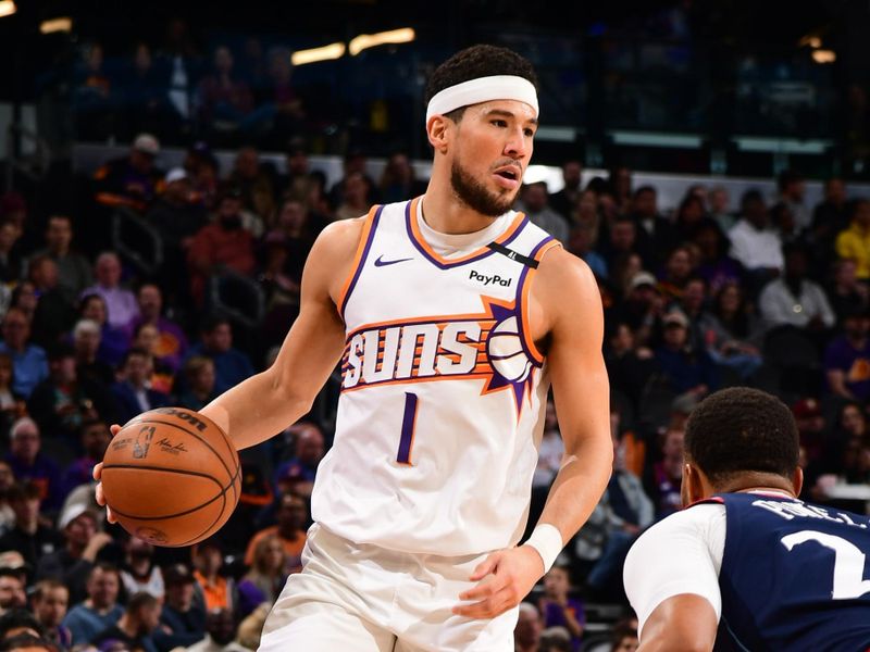 PHOENIX, AZ - JANUARY 27:  Devin Booker #1 of the Phoenix Suns handles the ball during the game against the LA Clippers on January 27, 2025 at Footprint Center in Phoenix, Arizona. NOTE TO USER: User expressly acknowledges and agrees that, by downloading and or using this photograph, user is consenting to the terms and conditions of the Getty Images License Agreement. Mandatory Copyright Notice: Copyright 2025 NBAE (Photo by Kate Frese/NBAE via Getty Images)