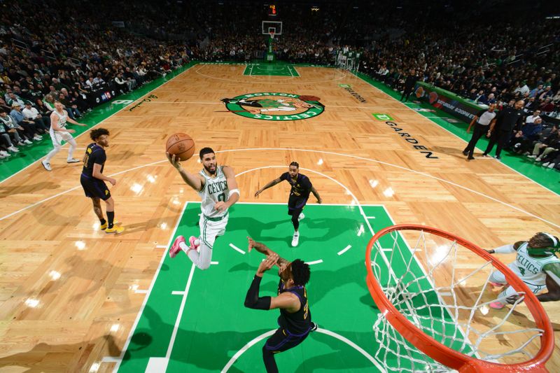 BOSTON, MA - FEBRUARY 1:  Jayson Tatum #0 of the Boston Celtics drives to the basket during the game  against the Los Angeles Lakers on February 1, 2024 at the TD Garden in Boston, Massachusetts. NOTE TO USER: User expressly acknowledges and agrees that, by downloading and or using this photograph, User is consenting to the terms and conditions of the Getty Images License Agreement. Mandatory Copyright Notice: Copyright 2024 NBAE  (Photo by Brian Babineau/NBAE via Getty Images)