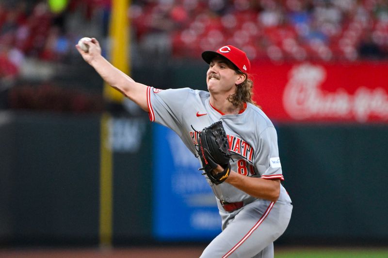 Sep 10, 2024; St. Louis, Missouri, USA;  Cincinnati Reds starting pitcher Rhett Lowder (81) pitches against the St. Louis Cardinals during the first inning at Busch Stadium. Mandatory Credit: Jeff Curry-Imagn Images