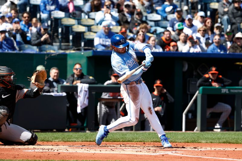 Apr 6, 2025; Kansas City, Missouri, USA;  Kansas City Royals shortstop Bobby Witt Jr. (7) gets a hit in the first inning at Kauffman Stadium. Mandatory Credit: Gary Rohman-Imagn Images