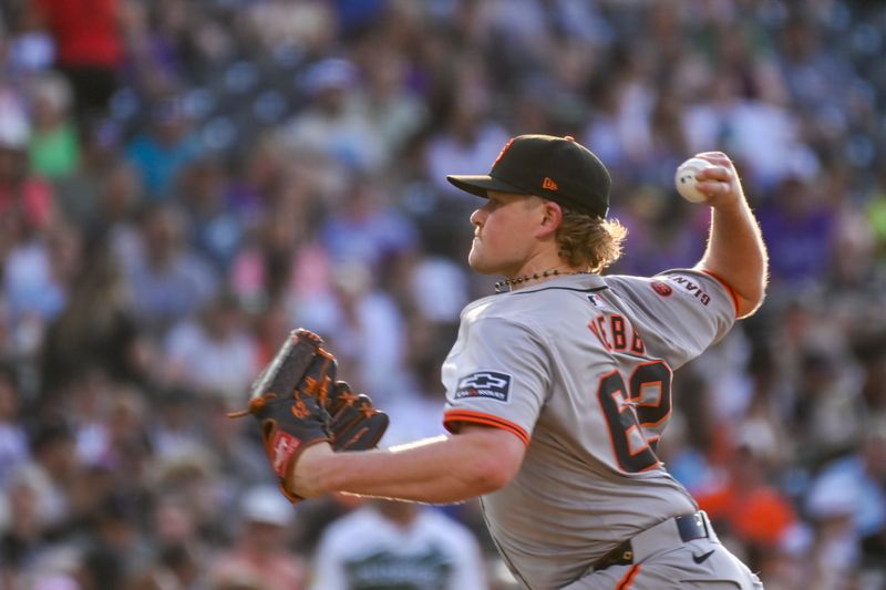 Jul 20, 2024; Denver, Colorado, USA; San Francisco Giants pitcher Logan Webb (62) delivers against the Colorado Rockies in the first inning at Coors Field. Mandatory Credit: John Leyba-USA TODAY Sports