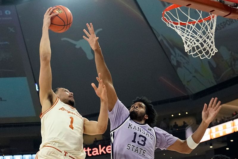 Feb 19, 2024; Austin, Texas, USA; Texas Longhorns forward Dylan Disu (1) shoots over Kansas State Wildcats forward Will McNair Jr. (13) during the first half at Moody Center. Mandatory Credit: Scott Wachter-USA TODAY Sports