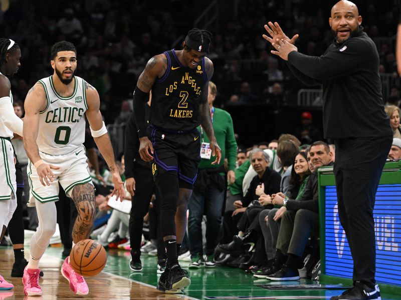 BOSTON, MASSACHUSETTS - FEBRUARY 01: Jarred Vanderbilt #2 of the Los Angeles Lakers walks off of the court after injuring his foot during the second quarter of a game against the Boston Celtics at the TD Garden on February 01, 2024 in Boston, Massachusetts. NOTE TO USER: User expressly acknowledges and agrees that, by downloading and or using this photograph, User is consenting to the terms and conditions of the Getty Images License Agreement. (Photo by Brian Fluharty/Getty Images)