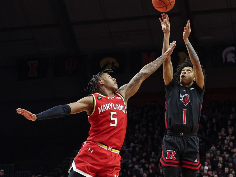 Feb 25, 2024; Piscataway, New Jersey, USA; Rutgers Scarlet Knights guard Jamichael Davis (1) shoots against Maryland Terrapins guard DeShawn Harris-Smith (5) during the second half at Jersey Mike's Arena. Mandatory Credit: Vincent Carchietta-USA TODAY Sports