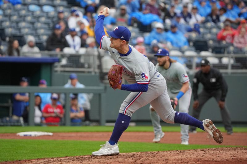 May 5, 2024; Kansas City, Missouri, USA; Texas Rangers relief pitcher David Robertson (37) delivers a pitch against the Kansas City Royals in the tenth inning at Kauffman Stadium. Mandatory Credit: Denny Medley-USA TODAY Sports