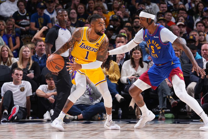 DENVER, CO - OCTOBER 24: D'Angelo Russell #1 of the Los Angeles Lakers dribbles the ball during the game against the Denver Nuggets on October 24, 2023 at the Ball Arena in Denver, Colorado. NOTE TO USER: User expressly acknowledges and agrees that, by downloading and/or using this Photograph, user is consenting to the terms and conditions of the Getty Images License Agreement. Mandatory Copyright Notice: Copyright 2023 NBAE (Photo by Bart Young/NBAE via Getty Images)