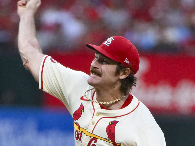 Sep 21, 2024; St. Louis, Missouri, USA;  St. Louis Cardinals starting pitcher Miles Mikolas (39) pitches against the Cleveland Guardians during the first inning at Busch Stadium. Mandatory Credit: Jeff Curry-Imagn Images