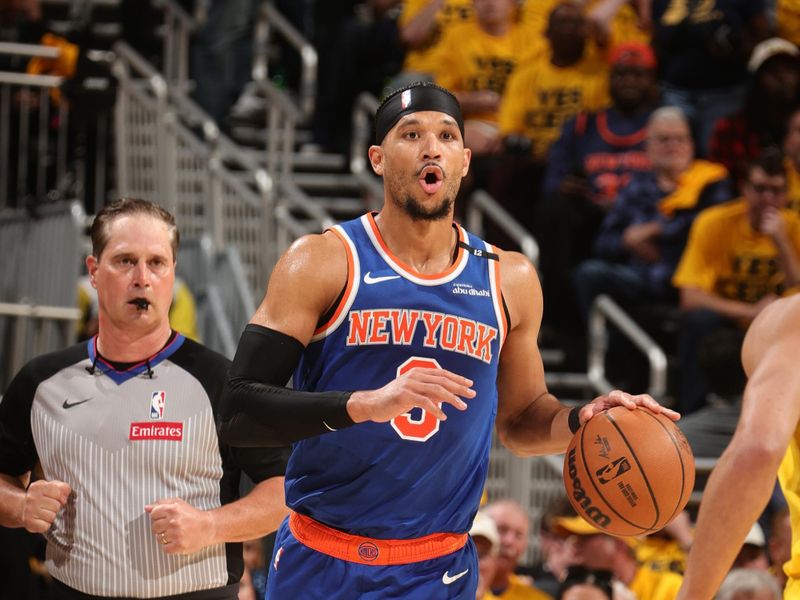 INDIANAPOLIS, IN - MAY 27:  Josh Hart #3 of the New York Knicks dribbles the ball during the game against the Indiana Pacers  during Game 4 of the 2025 Eastern Conference Finals on May 27, 2025 at Gainbridge Fieldhouse in Indianapolis, Indiana. NOTE TO USER: User expressly acknowledges and agrees that, by downloading and or using this Photograph, user is consenting to the terms and conditions of the Getty Images License Agreement. Mandatory Copyright Notice: Copyright 2025 NBAE (Photo by Nathaniel S. Butler/NBAE via Getty Images)