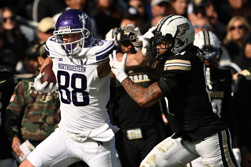 Nov 2, 2024; West Lafayette, Indiana, USA; Northwestern Wildcats tight end Marshall Lang (88) pushes away Purdue Boilermakers defensive back Antonio Stevens (11) during the second quarter at Ross-Ade Stadium. Mandatory Credit: Marc Lebryk-Imagn Images