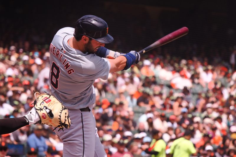 Aug 11, 2024; San Francisco, California, USA; Detroit Tigers designated hitter Matt Vierling (8) hits a solo home run against the San Francisco Giants during the first inning at Oracle Park. Mandatory Credit: Kelley L Cox-USA TODAY Sports