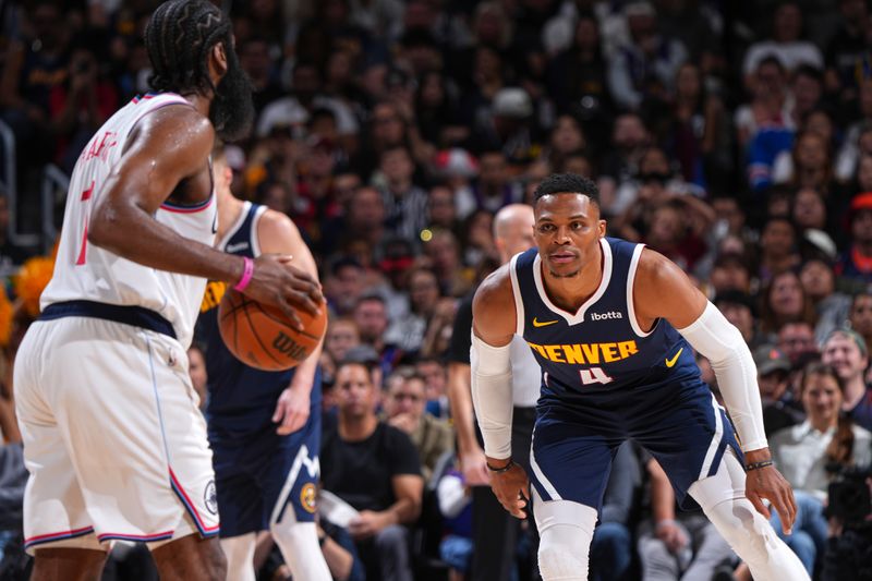 DENVER, CO - OCTOBER 26: Russell Westbrook #4 of the Denver Nuggets plays defense during the game against the LA Clippers on October 26, 2024 at the Ball Arena in Denver, Colorado. NOTE TO USER: User expressly acknowledges and agrees that, by downloading and/or using this Photograph, user is consenting to the terms and conditions of the Getty Images License Agreement. Mandatory Copyright Notice: Copyright 2024 NBAE (Photo by Garrett Ellwood/NBAE via Getty Images)