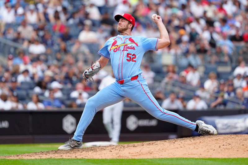 Aug 31, 2024; Bronx, New York, USA; St. Louis Cardinals pitcher Matthew Liberatore (52) delivers against the New York Yankees during the eighth inning at Yankee Stadium. Mandatory Credit: Gregory Fisher-USA TODAY Sports
