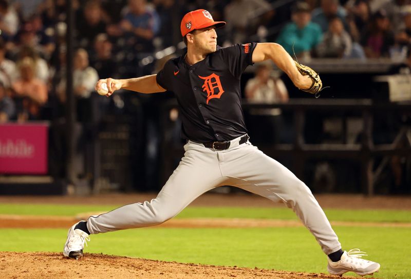 Mar 7, 2024; Tampa, Florida, USA; Detroit Tigers pitcher Beau Brisk (4) throws a pitch during the third inning against the New York Yankees  at George M. Steinbrenner Field. Mandatory Credit: Kim Klement Neitzel-USA TODAY Sports