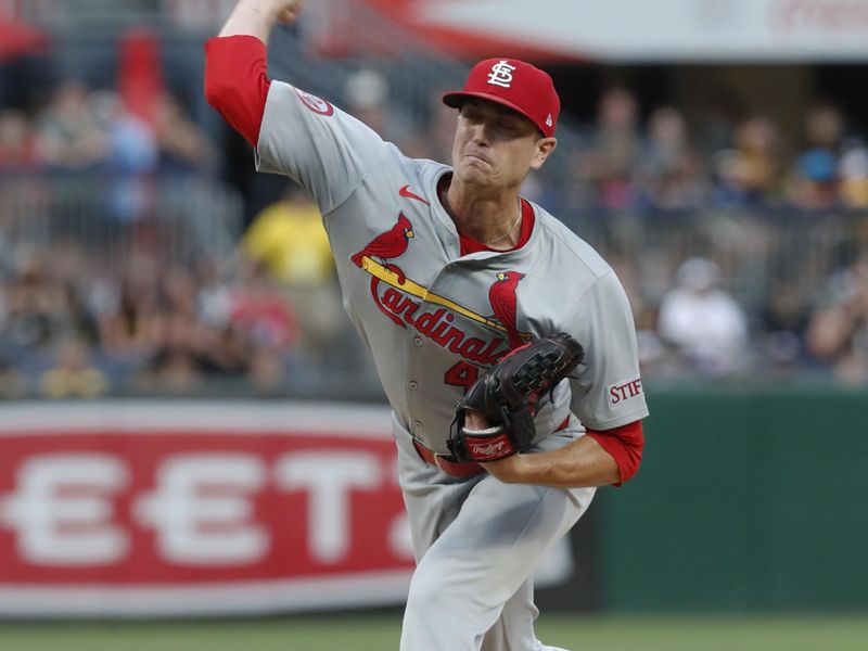 Jul 2, 2024; Pittsburgh, Pennsylvania, USA;  St. Louis Cardinals starting pitcher Kyle Gibson (44) pitches against the Pittsburgh Pirates during the fifth inning at PNC Park. Mandatory Credit: Charles LeClaire-USA TODAY Sports