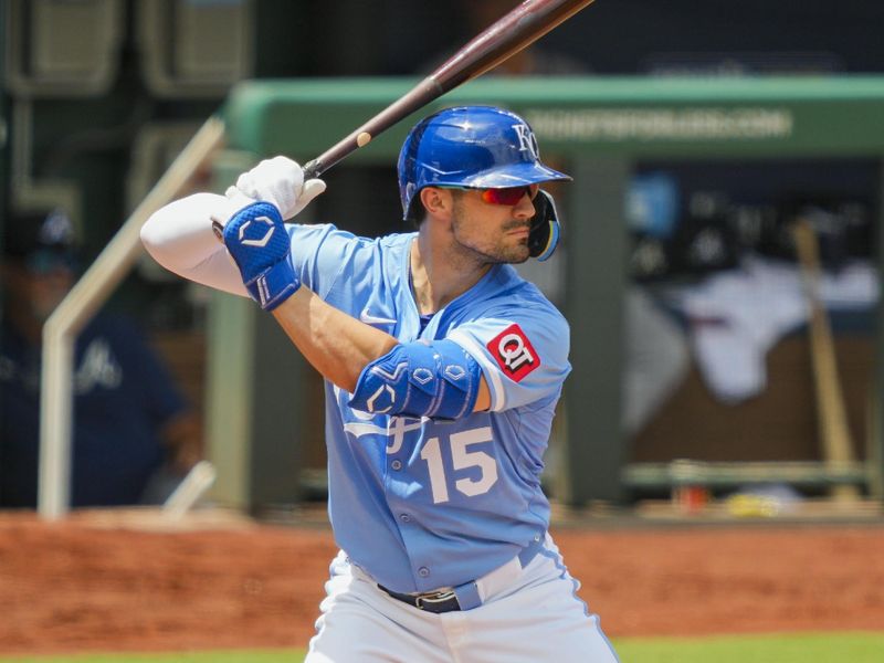 Jul 30, 2025; Kansas City, Missouri, USA; Kansas City Royals right fielder Randal Grichuk (15) bats during the fourth inning against the Atlanta Braves at Kauffman Stadium. Mandatory Credit: Jay Biggerstaff-Imagn Images Jul 30, 2025; Kansas City, Missouri, USA; Kansas City Royals right fielder Randal Grichuk (15) bats during the fourth inning against the Atlanta Braves at Kauffman Stadium. Mandatory Credit: Jay Biggerstaff-Imagn Images