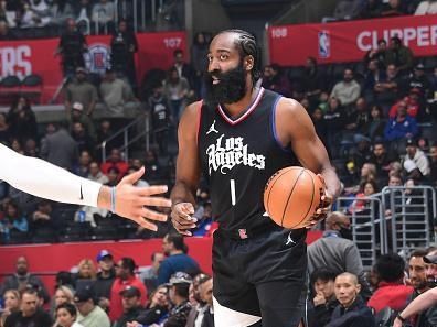 LOS ANGELES, CA - DECEMBER 6: James Harden #1 of the LA Clippers handles the ball during the game  on December 6, 2023 at Crypto.Com Arena in Los Angeles, California. NOTE TO USER: User expressly acknowledges and agrees that, by downloading and/or using this Photograph, user is consenting to the terms and conditions of the Getty Images License Agreement. Mandatory Copyright Notice: Copyright 2023 NBAE (Photo by Adam Pantozzi/NBAE via Getty Images)