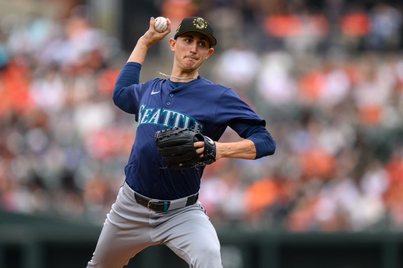 May 19, 2024; Baltimore, Maryland, USA; Seattle Mariners pitcher George Kirby (68) throws a pitch during the first inning against the Baltimore Orioles at Oriole Park at Camden Yards. Mandatory Credit: Reggie Hildred-USA TODAY Sports