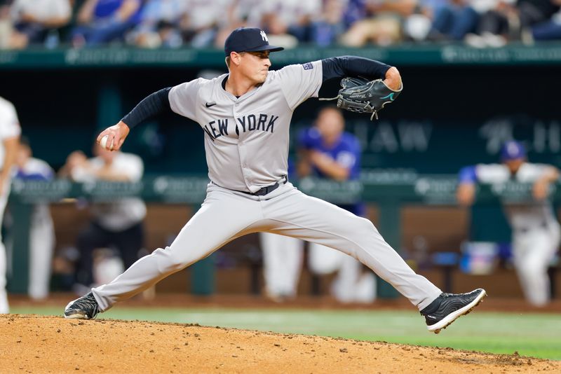 Sep 4, 2024; Arlington, Texas, USA; New York Yankees pitcher Ron Marinaccio (97) comes on to pitch during the seventh inning against the Texas Rangers at Globe Life Field. Mandatory Credit: Andrew Dieb-Imagn Images