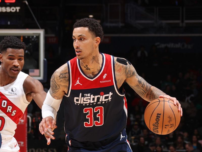 WASHINGTON, DC -? MARCH 23: Kyle Kuzma #33 of the Washington Wizards goes to the basket during the game on March 23, 2024 at Capital One Arena in Washington, DC. NOTE TO USER: User expressly acknowledges and agrees that, by downloading and or using this Photograph, user is consenting to the terms and conditions of the Getty Images License Agreement. Mandatory Copyright Notice: Copyright 2024 NBAE (Photo by Stephen Gosling/NBAE via Getty Images)