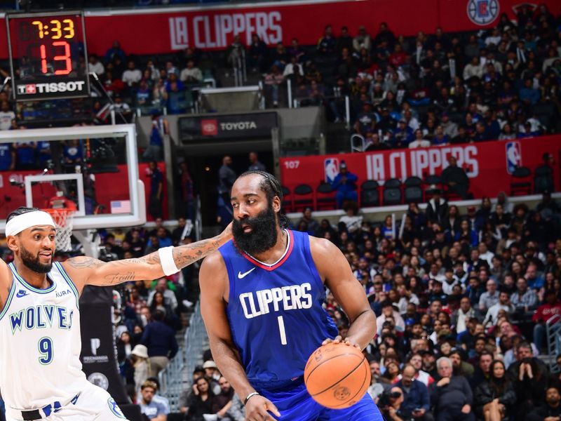 LOS ANGELES, CA - FEBRUARY 12:  James Harden #1 of the LA Clippers goes to the basket during the game on February 12, 2024 at Crypto.Com Arena in Los Angeles, California. NOTE TO USER: User expressly acknowledges and agrees that, by downloading and/or using this Photograph, user is consenting to the terms and conditions of the Getty Images License Agreement. Mandatory Copyright Notice: Copyright 2024 NBAE (Photo by Adam Pantozzi/NBAE via Getty Images)