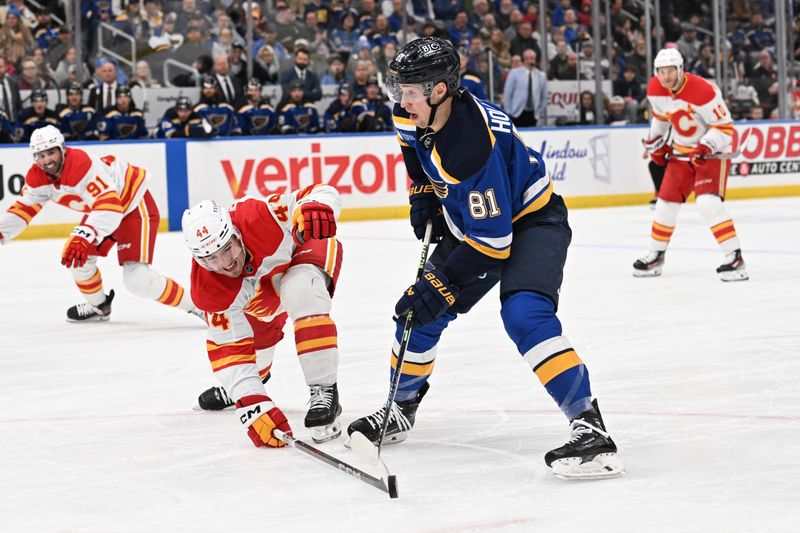 Jan 14, 2025; St. Louis, Missouri, USA; Calgary Flames defenseman Joel Hanley (44) poke checks St. Louis Blues center Dylan Holloway (81) in the second period at Enterprise Center. Mandatory Credit: Joe Puetz-Imagn Images