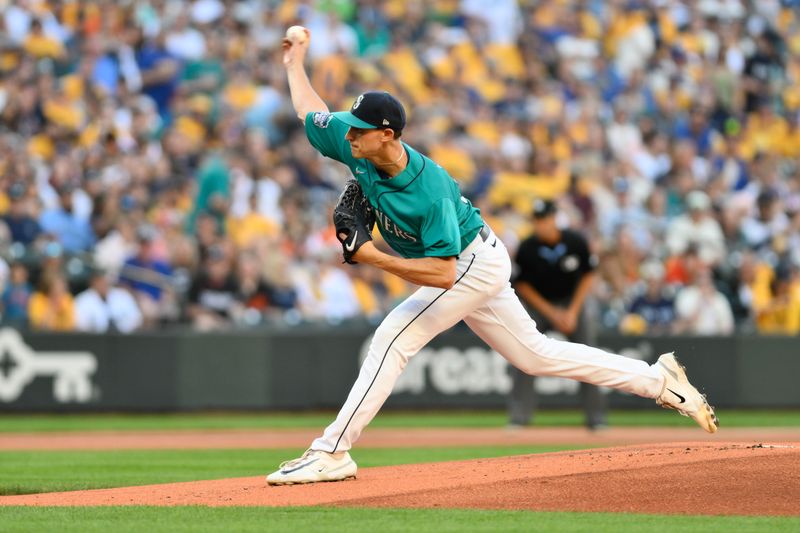 Aug 12, 2023; Seattle, Washington, USA; Seattle Mariners starting pitcher George Kirby (68) pitches to the Baltimore Orioles during the first inning at T-Mobile Park. Mandatory Credit: Steven Bisig-USA TODAY Sports