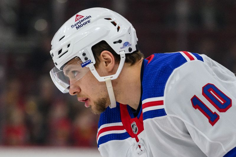 Feb 9, 2024; Chicago, Illinois, USA; New York Rangers left wing Artemi Panarin (10) warms up against the Chicago Blackhawks before the game at the United Center. Mandatory Credit: Daniel Bartel-USA TODAY Sports