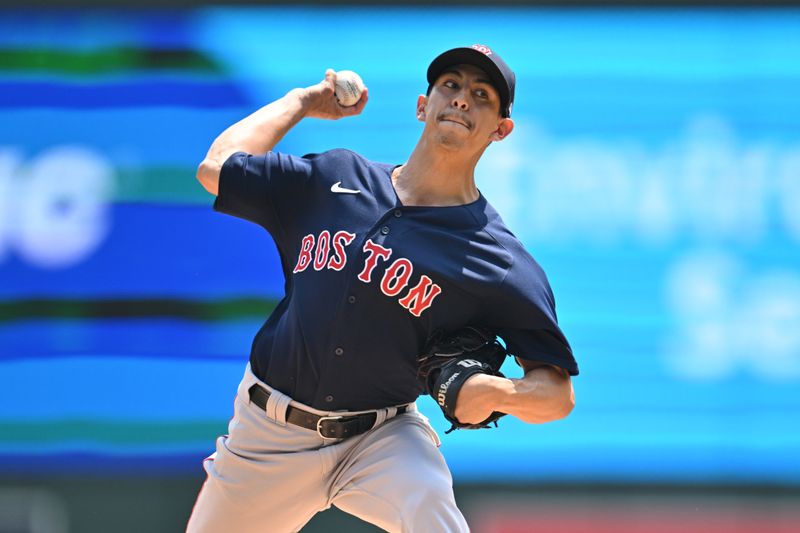 Jun 22, 2023; Minneapolis, Minnesota, USA; Boston Red Sox starting pitcher Justin Garza (63) throws a pitch against the Minnesota Twins during the first inning at Target Field. Mandatory Credit: Jeffrey Becker-USA TODAY Sports