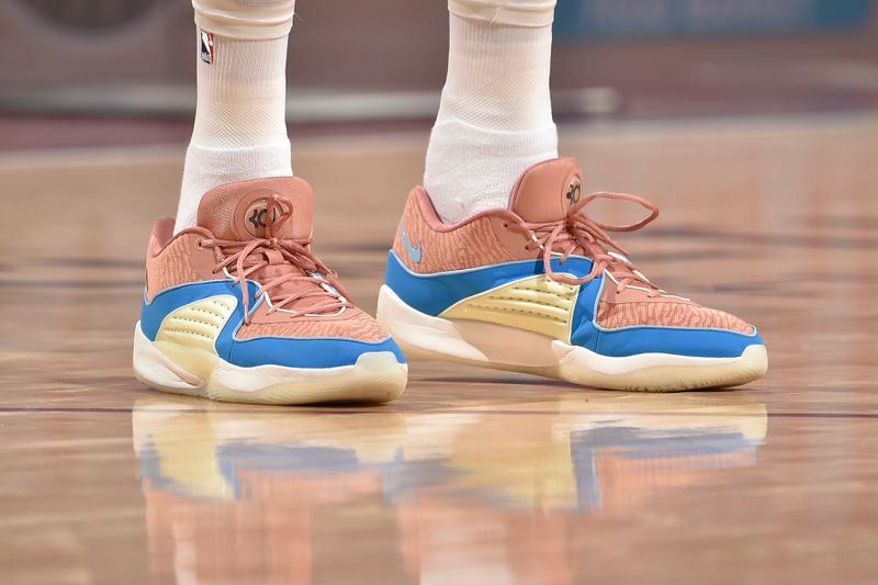 CLEVELAND, OH - MARCH 11: The sneakers worn by Kevin Durant #35 of the Phoenix Suns during the game against the Cleveland Cavaliers on March 11, 2024 at Rocket Mortgage FieldHouse in Cleveland, Ohio. NOTE TO USER: User expressly acknowledges and agrees that, by downloading and/or using this Photograph, user is consenting to the terms and conditions of the Getty Images License Agreement. Mandatory Copyright Notice: Copyright 2024 NBAE (Photo by David Liam Kyle/NBAE via Getty Images)