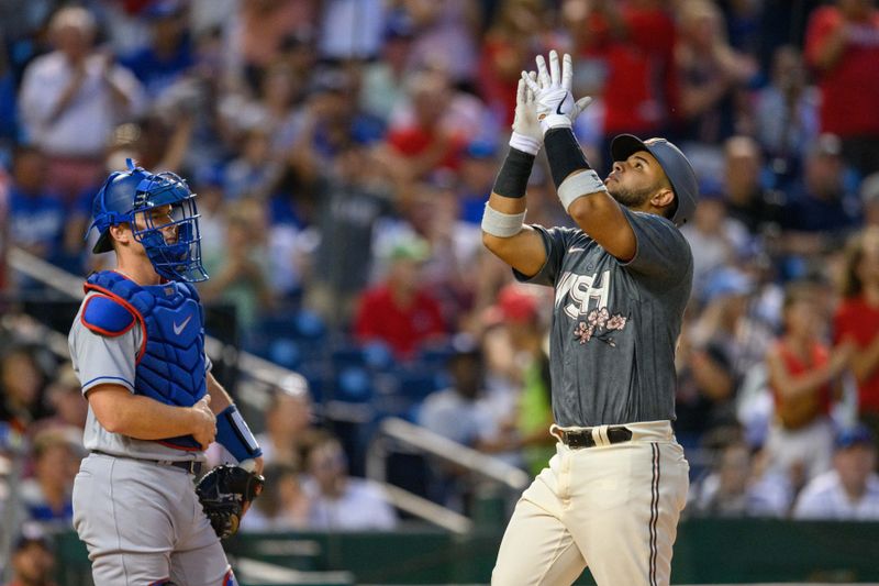 Sep 8, 2023; Washington, District of Columbia, USA; Washington Nationals catcher Keibert Ruiz (20) celebrates after hitting a three run home run against the Los Angeles Dodgers at Nationals Park. Mandatory Credit: Reggie Hildred-USA TODAY Sports