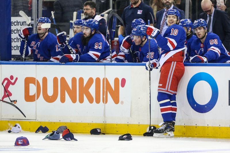 Dec 3, 2023; New York, New York, USA;  New York Rangers left wing Artemi Panarin (10) reacts after scoring his third goal of the game in the third period against the San Jose Sharks at Madison Square Garden. Mandatory Credit: Wendell Cruz-USA TODAY Sports
