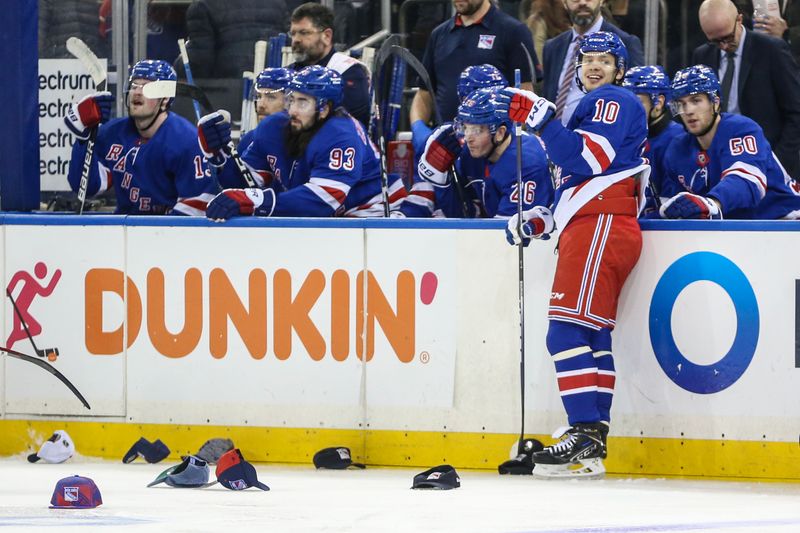 Dec 3, 2023; New York, New York, USA;  New York Rangers left wing Artemi Panarin (10) reacts after scoring his third goal of the game in the third period against the San Jose Sharks at Madison Square Garden. Mandatory Credit: Wendell Cruz-USA TODAY Sports