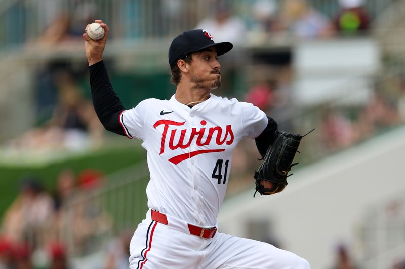 Mar 6, 2024; Fort Myers, Florida, USA;  Minnesota Twins starting pitcher Joe Ryan (41) throws a pitch against the Boston Red Sox in the first inning at Hammond Stadium. Mandatory Credit: Nathan Ray Seebeck-USA TODAY Sports