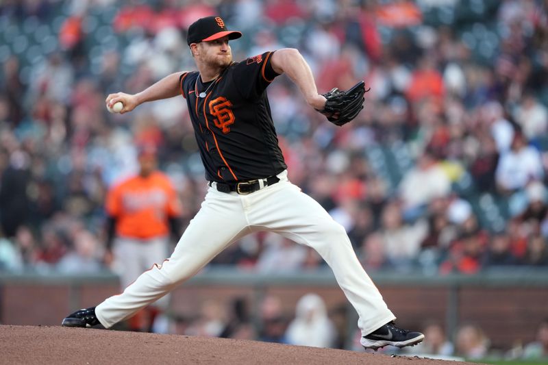 Jun 3, 2023; San Francisco, California, USA;  San Francisco Giants starting pitcher Alex Cobb (38) throws a pitch against the Baltimore Orioles during the first inning at Oracle Park. Mandatory Credit: Darren Yamashita-USA TODAY Sports