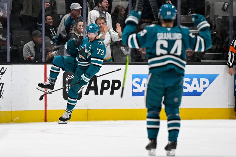 Oct 29, 2024; San Jose, California, USA; San Jose Sharks center Tyler Toffoli (73) celebrates his goal against the Los Angeles Kings in the third period at SAP Center at San Jose. Mandatory Credit: Eakin Howard-Imagn Images