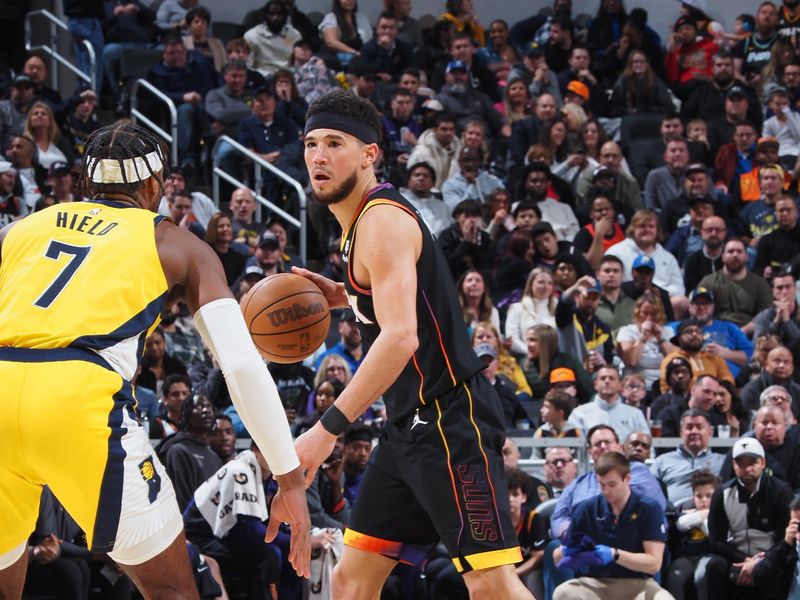 INDIANAPOLIS, IN - JANUARY 26: Devin Booker #1 of the Phoenix Suns dribbles the ball during the game against the Indiana Pacers on January 26, 2024 at Gainbridge Fieldhouse in Indianapolis, Indiana. NOTE TO USER: User expressly acknowledges and agrees that, by downloading and or using this Photograph, user is consenting to the terms and conditions of the Getty Images License Agreement. Mandatory Copyright Notice: Copyright 2024 NBAE (Photo by Ron Hoskins/NBAE via Getty Images)