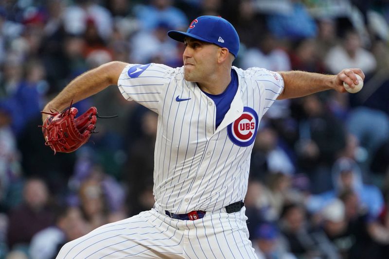 May 5, 2025; Chicago, Illinois, USA; Chicago Cubs pitcher Matthew Boyd (16) throws against the San Francisco Giants during the first inning at Wrigley Field. Mandatory Credit: David Banks-Imagn Images