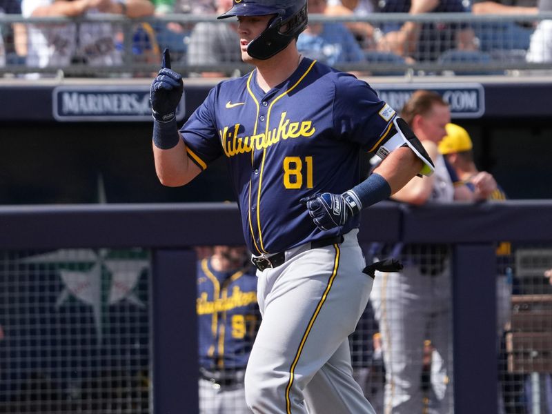 Feb 24, 2024; Peoria, Arizona, USA; Milwaukee Brewers designated hitter Wes Clarke (81) runs the bases after hitting a home run against the San Diego Padres during the second inning of a Spring Training game at Peoria Sports Complex. Mandatory Credit: Joe Camporeale-USA TODAY Sports