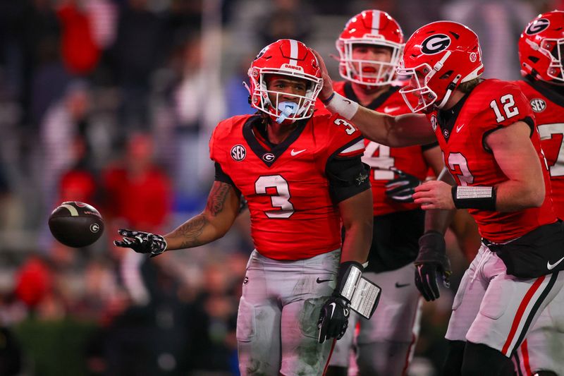 Nov 11, 2023; Athens, Georgia, USA; Georgia Bulldogs running back Andrew Paul (3) celebrates after a touchdown against the Mississippi Rebels in the fourth quarter at Sanford Stadium. Mandatory Credit: Brett Davis-USA TODAY Sports