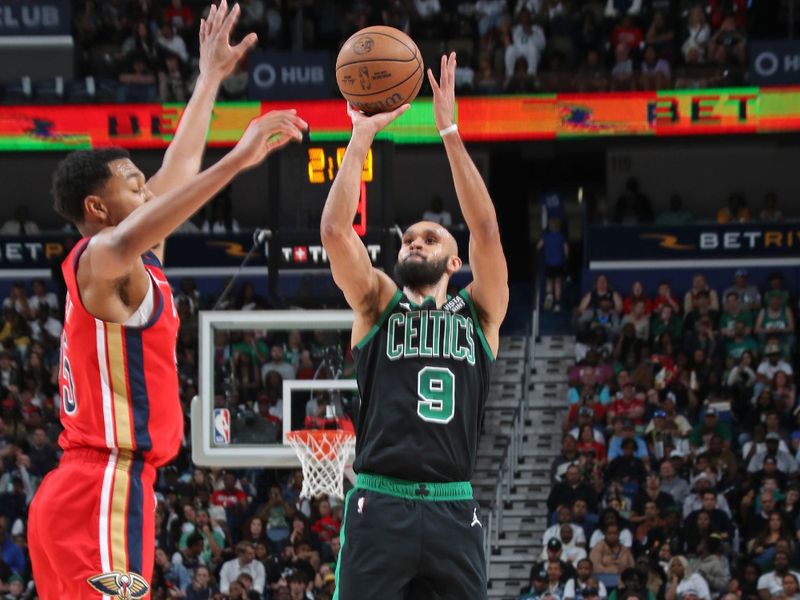 NEW ORLEANS, LA - MARCH 30: Derrick White #9 of the Boston Celtics three point basket during the game against the New Orleans Pelicans on March 30, 2024 at the Smoothie King Center in New Orleans, Louisiana. NOTE TO USER: User expressly acknowledges and agrees that, by downloading and or using this Photograph, user is consenting to the terms and conditions of the Getty Images License Agreement. Mandatory Copyright Notice: Copyright 2024 NBAE (Photo by Layne Murdoch Jr./NBAE via Getty Images)