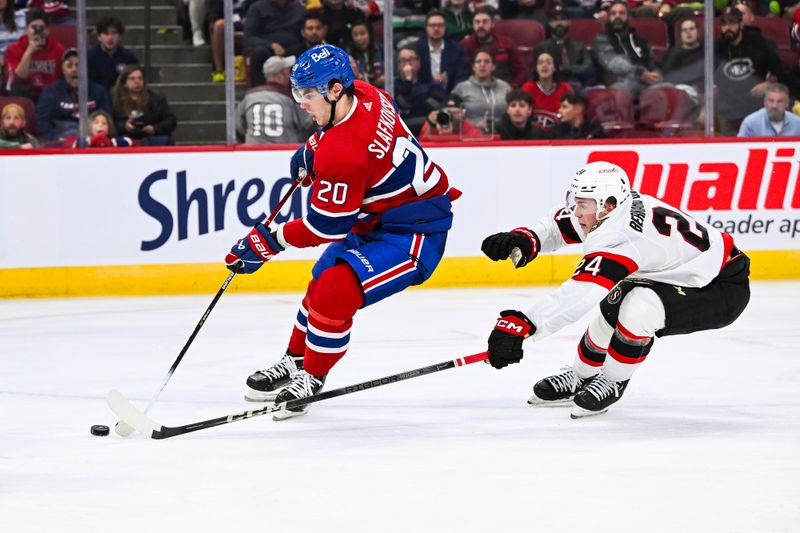 Sep 27, 2023; Montreal, Quebec, CAN; Montreal Canadiens left wing Juraj Slafkovsky (20) plays the puck against Ottawa Senators defenseman Jacob Bernard-Docker (24) during the second period at Bell Centre. Mandatory Credit: David Kirouac-USA TODAY Sports