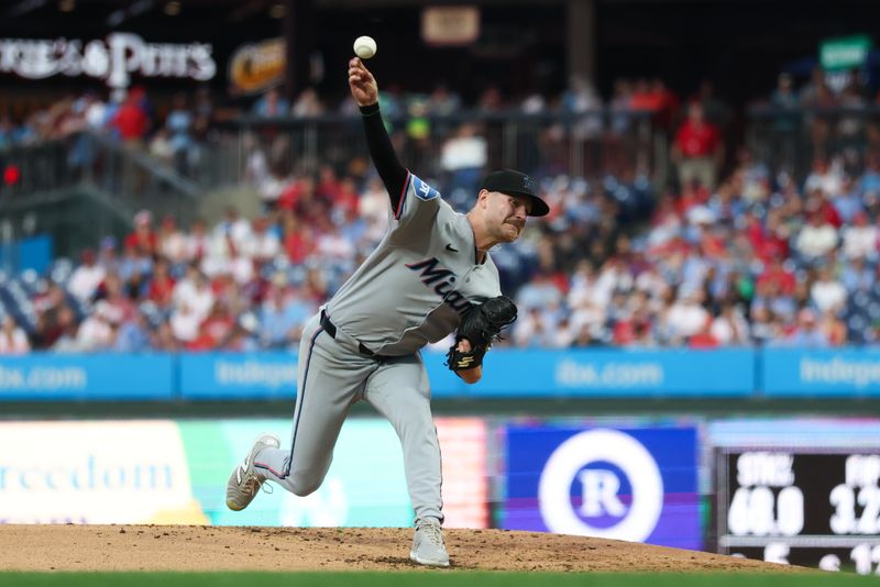 Sep 25, 2025; Philadelphia, Pennsylvania, USA; Miami Marlins pitcher Janson Junk (26) throws a pitch against the Philadelphia Phillies during the first inning at Citizens Bank Park. Mandatory Credit: Bill Streicher-Imagn Images