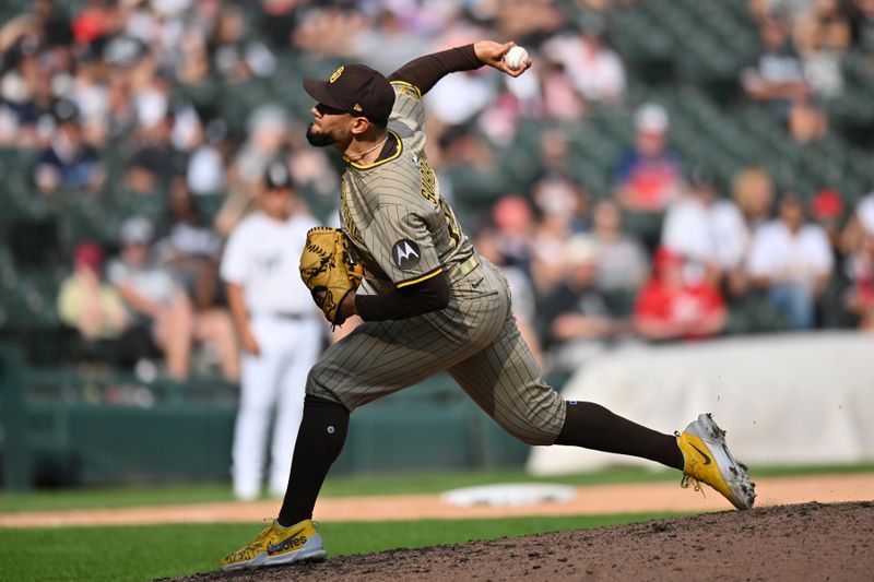 Sep 21, 2025; Chicago, Illinois, USA; San Diego Padres pitcher Robert Suarez (75) pitches against the Chicago White Sox during the ninth inning at Rate Field. Mandatory Credit: Patrick Gorski-Imagn Images