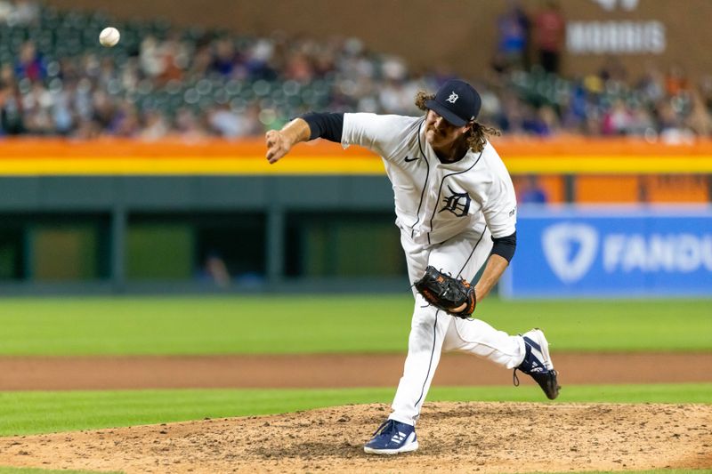 Aug 22, 2023; Detroit, Michigan, USA; Detroit Tigers relief pitcher Jason Foley (68) pitches in the eighth inning against the Chicago Cubs at Comerica Park. Mandatory Credit: David Reginek-USA TODAY Sports