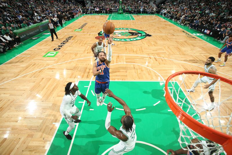 BOSTON, MA - APRIL 11: Jalen Brunson #11 of the New York Knicks shoots the ball during the game against the Boston Celtics on April 11, 2024 at the TD Garden in Boston, Massachusetts. NOTE TO USER: User expressly acknowledges and agrees that, by downloading and or using this photograph, User is consenting to the terms and conditions of the Getty Images License Agreement. Mandatory Copyright Notice: Copyright 2024 NBAE  (Photo by Nathaniel S. Butler/NBAE via Getty Images)