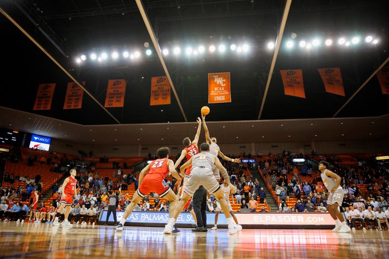 Feb 3, 2024; El Paso, Texas, USA; Liberty University Flames and the UTEP Miners during the opening tip of the first half at Don Haskins Center. Mandatory Credit: Ivan Pierre Aguirre-USA TODAY Sports