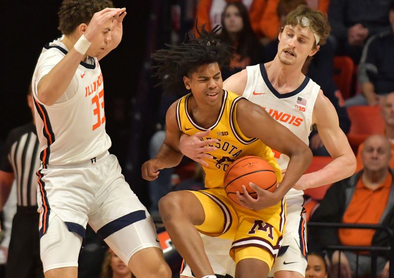 Feb 20, 2023; Champaign, Illinois, USA;  Illinois Fighting Illini forward Coleman Hawkins (33) and teammate Illinois Fighting Illini forward Matthew Mayer (24) pressure Minnesota Golden Gophers guard Jaden Henley (24) during the first half at State Farm Center. Mandatory Credit: Ron Johnson-USA TODAY Sports